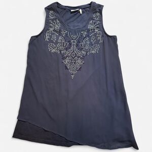 Grey Beaded Asymmetrical Flowy Tank Top; Size Medium